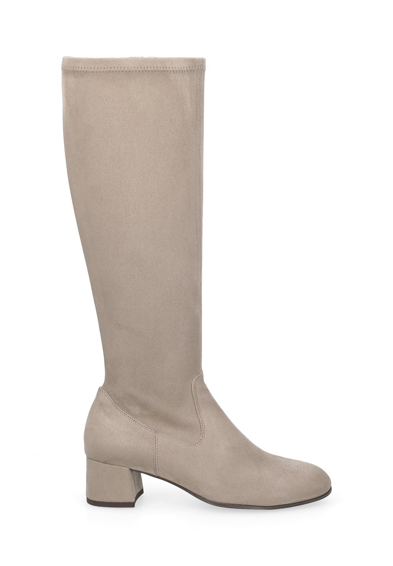 Beige knee-high boot made of soft suede material, featuring a rounded toe and a low block heel, with a simple, smooth design.