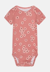Kurzärmliger rosa Body mit einem durchgehenden Blumenmuster aus weißen und dunkelpinkfarbenen Blumen; weicher Baumwollstoff; Druckknöpfe im unteren Bereich.