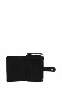 Portefeuille en cuir noir à finition texturée, doté de plusieurs emplacements pour cartes, d'un compartiment zippé et d'une sangle avec bouton-pression.