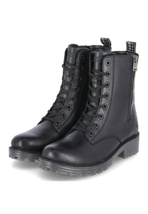 Black leather ankle boots with lace-up front, side zipper, textured sole, and branding on the pull tab. Sturdy design with a rugged look.