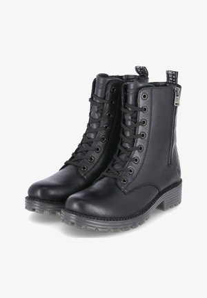Black leather ankle boots with lace-up front, side zipper, textured sole, and branding on the pull tab. Sturdy design with a rugged look.