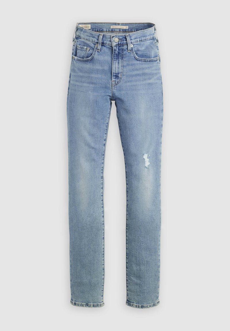 Lyseblå slim-fit denim jeans med fem lommer og en lille slidte plet på højre lår.
