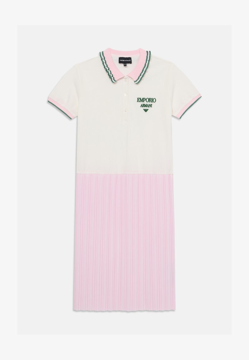 White polo dress with a pink pleated skirt. Features green and pink striped collar, embroidered logo on the chest, and button placket.