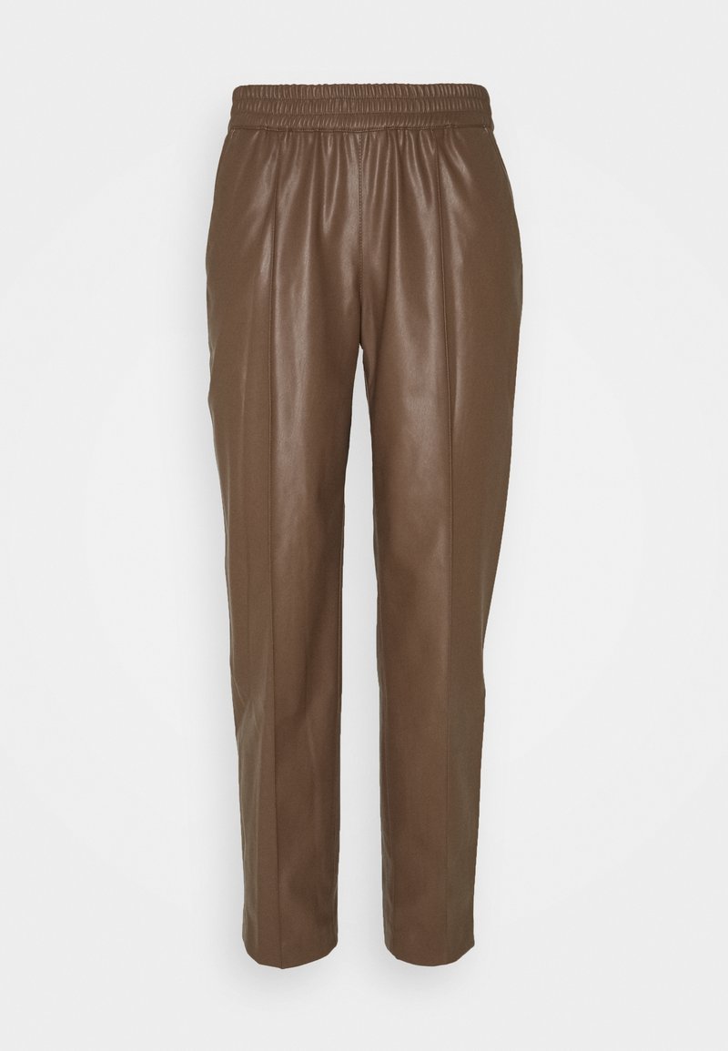 Hnědé kalhoty z umělé kůže s elastickým pasem, mají rovný střih a boční švy pro elegantní vzhled. Hladký povrch.