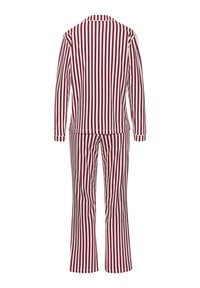 Rood en wit gestreepte pyjama set met lange mouwen en broek, gemaakt van zachte stof met een kraaghalslijn en rechte pijpen.