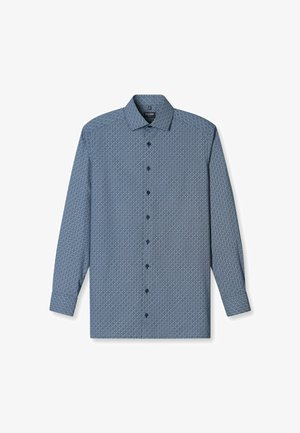 Langärmliges Hemd in Blau mit geometrischem Muster, ausgestattet mit einem Kentkragen, Knopfleiste und Knopfmanschetten. Leichter Stoff.