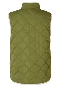 Grüner gesteppter Weste mit erhöhtem Rautenmuster, hohem Kragen und cremefarbener Bordüre am Saum. Leichter Stoff, ärmelloses Design.