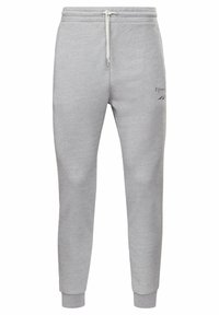 Hellgraue Jogginghosen mit Kordelzug am Bund und Bündchen an den Knöcheln, mit subtiler vertikaler Struktur und kleinem Logo am oberen linken Oberschenkel.