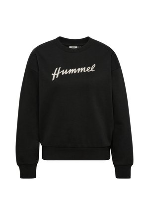Zwarte lange mouw sweatshirt met geribbelde manchetten en zoom, met het woord "Hummel" in wit schrift over de borst.