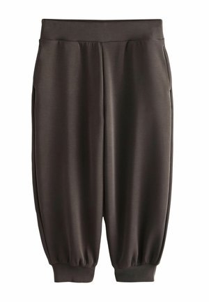 Locker sitzende dunkelgraue Jogginghose mit elastischem Bund und Bündchen, mit Seitentaschen und glatter Stoffstruktur.