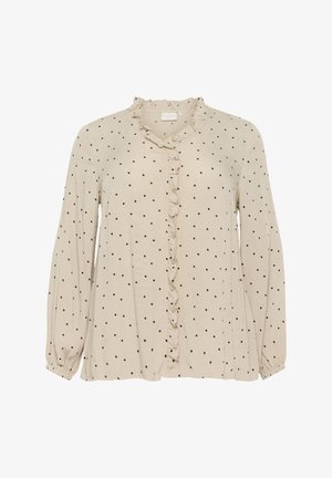 Blusa beige a maniche lunghe con pois neri, colletto arricciato, chiusura a bottoni e polsi arricciati. Tessuto morbido e testurizzato.