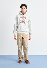 Sudadera gris con el logo "Carhartt Wild Dogs" en rojo, combinada con pantalones beige y zapatillas marrones. El modelo está de pie sobre un suelo azul.
