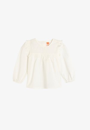 Blouse blanche à manches longues avec des accents de volants et un col froncé, fabriquée en tissu léger, présentant une coupe droite et des poignets élastiques.