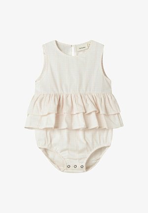 Body senza maniche di un delicato rosa pallido con volants a più strati, righe testurizzate, chiusura a occhio di serratura sul retro e bottoni a pressione sul fondo per un facile vestire.