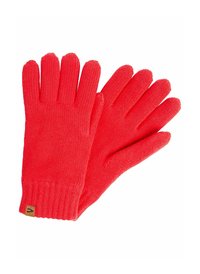 Rote gestrickte Handschuhe mit einem gerippten Bündchen, fünf Fingern und einer strukturierten Oberfläche. Besitzt ein kleines Logotag am Bündchen.