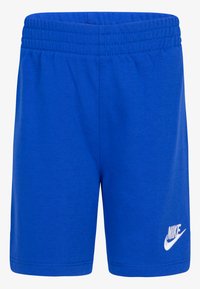 Mėlynos medvilnės šortai su elastinga juostos juosta, su balta Nike logotipu apatiniame dešiniajame kampe. Lygus paviršius ir standartinė tinkamumo dydis.