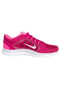 Scarpe da atletica rosa con una tomaia in rete traspirante, baffo Nike bianco e suola intermedia bianca maculata. Presentano lacci e colletto imbottito.