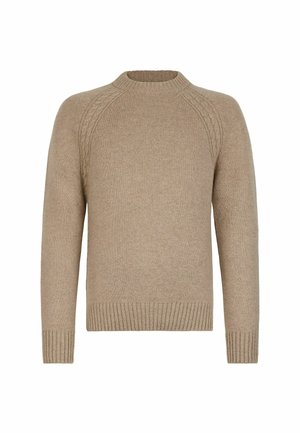 Beige gestrickter Pullover mit Rundhalsausschnitt, geripptem Saum und Bündchen, mit strukturierten Raglanärmeln. Weicher Stoff und klassisches Design.