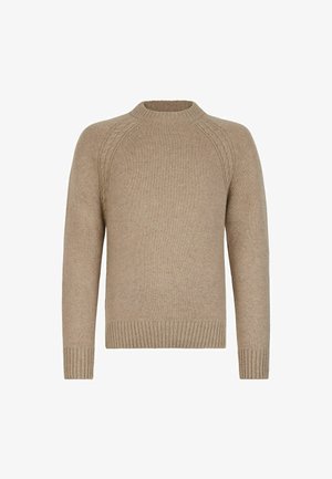 Beige gestrickter Pullover mit Rundhalsausschnitt, geripptem Saum und Bündchen, mit strukturierten Raglanärmeln. Weicher Stoff und klassisches Design.