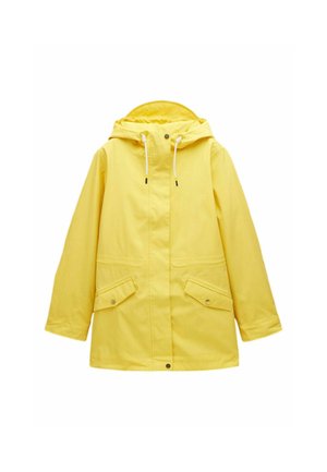 Gelbe Regenjacke aus wasserdichtem Material; verfügt über eine Kapuze, zwei Vordertaschen und verstellbare Kordelzüge. Doppelter Druckknopfverschluss am Saum.