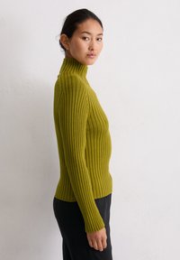 Rippstrickrollkragensweater in olivgrün, mit taillierter Passform, langen Ärmeln und einem leicht abgerundeten Saum. Weicher Stoff, warmes Material.