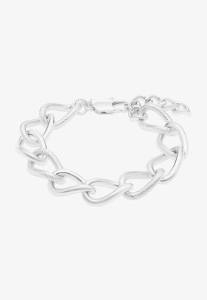 Silberne Kettenarmband mit einer Mischung aus glatten und strukturierten Gliedern, die in ihrer Form abwechselnd langgezogen und oval sind, mit einem sicheren Verschluss.