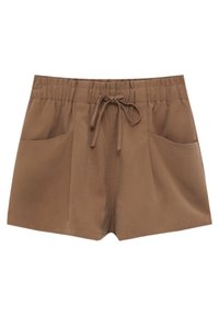 Shorts marron à taille élastique avec un cordon de serrage, dotés de deux poches latérales et d'une texture de tissu lisse et légère.