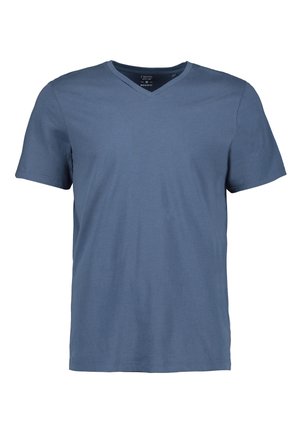 Men’s medium blue short-sleeve V-neck T-shirt with regular fit, displayed on a plain white background.