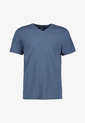 T-shirt pour homme bleu moyen à manches courtes et col en V, coupe régulière, présenté sur un fond blanc uni.