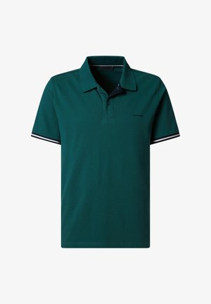 Polohemd van donkergroene katoen met een gestructureerde kraag, een tweeknopssluiting en zwart-witte gestreepte accenten op de mouwen.