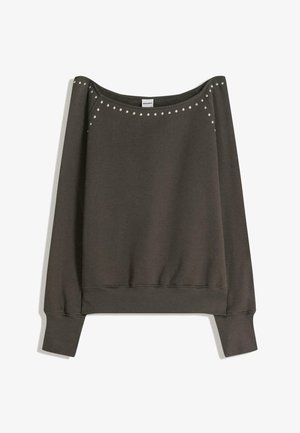 Donkergrijze off-shoulder sweatshirt met een losse pasvorm, voorzien van decoratieve studs langs de halslijn en geribbelde manchetten en zoom.