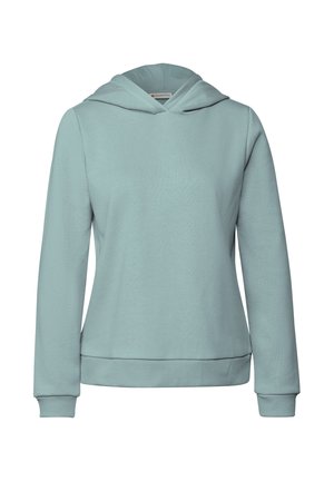 Sudadera de color azul claro hecha de tela suave, con capucha ajustable, mangas largas y puños y dobladillo acanalados. Textura lisa sin patrones.