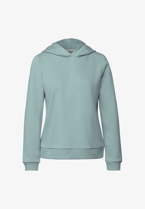 Hoodie bleu clair en tissu doux, avec une capuche à cordon, des manches longues et des poignets et un ourlet côtelés. Texture lisse sans motifs.