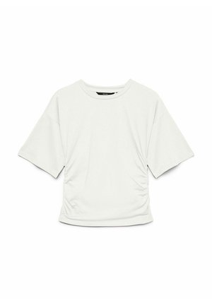 Camiseta blanca de manga corta y corte cropped con los laterales fruncidos y cuello redondo sobre un fondo blanco liso.