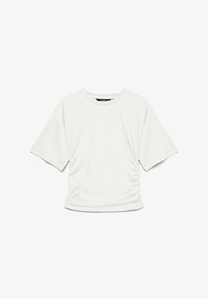 Hvid kortærmet cropped T-shirt med indsnørede sider og rund halsudskæring på en ens hvid baggrund.