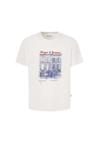 Bílý tričko s krátkým rukávem s modrou grafikou budovy a nápisem "Pepe Jeans" v červeném textu. Měkký bavlněný materiál.