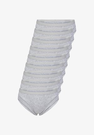 Grå bomuldsunderbukser med en subtil meleret tekstur og elastisk talje, der har et præget mærkenavn, stablet i en række.