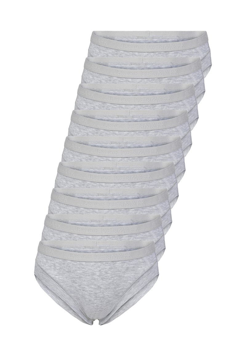 Grå bomuldsunderbukser med en subtil meleret tekstur og elastisk talje, der har et præget mærkenavn, stablet i en række.