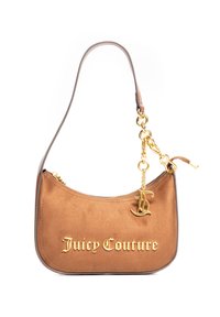 Braune Wildleder-Handtasche mit goldener "Juicy Couture"-Aufschrift. Mit einer goldenen Kettenakzent und Reißverschluss. Gebogene Form und ein einzelner Schulterriemen.
