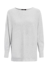 Hellgrauer Langarmpullover aus weichem Material mit rundem Ausschnitt, überschnittenen Schultern und gerippten Bündchen und Saum.