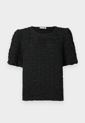 Sort top med et struktureret, rummeligt design og korte ærmer. Har en rund halsudskæring og en afslappet pasform. Glat stof.