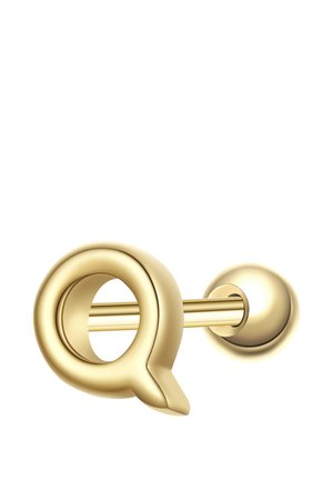 Gemelo de metal color oro con forma de la letra Q, con respaldo redondo y poste.