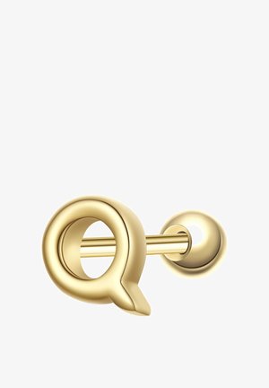 Bouton de manchette en métal de couleur or en forme de lettre Q avec un support rond et une tige.