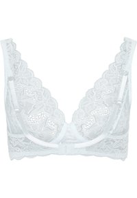 Valkoinen pitsinen bralette vaaleansinisessä värissä, jossa on kukkakuviot, aaltoilevat reunat ja säädettävät hihnat. Kiinnitetään selästä koukkuläpsyn kanssa.