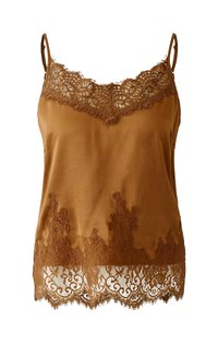 Bruine satijnen camisole met verstelbare dunne bandjes en bloemige kantafwerking op de halslijn en zoom.