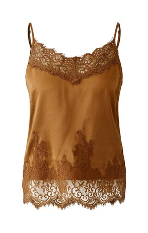 Braunes Satin-Camisole mit verstellbaren dünnen Trägern und floralem Spitzenbesatz am Ausschnitt und Saum.