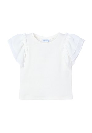 T-shirt in cotone bianco a coste con maniche corte a sbuffo, caratterizzata da dettagli a volant lungo i bordi delle maniche e un collo a girocollo.