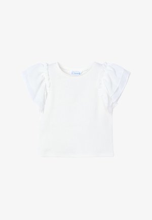 T-shirt in cotone bianco a coste con maniche corte a sbuffo, caratterizzata da dettagli a volant lungo i bordi delle maniche e un collo a girocollo.
