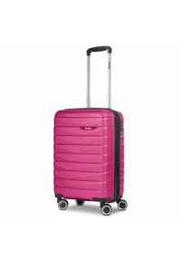 Una valigia rigida rosa con una texture a zigzag, manico retrattile e quattro ruote girevoli per una facile mobilità.