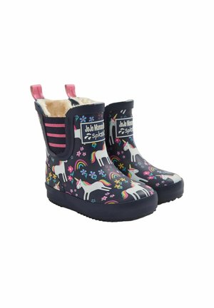 Dunkelblaue Gummiregenstiefel mit einem Einhorn- und Blumendesign, weißem Fleecefutter und pinken Akzenten am Zuglasche.